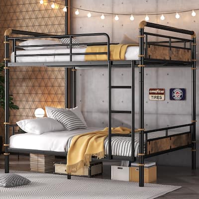 Full over Full Metal Bunk Bed, Industrial Detachable Bunkbeds with Safety Guard Rails for Teens