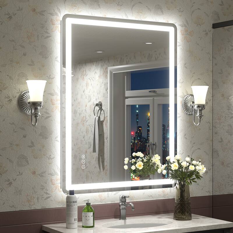 UL Certified Frameless LED Front Light and Backlit 3 Colors Dimmable Anti-Fog Wall Bathroom Vanity Mirror - 36" x 36"-Rounded Corner