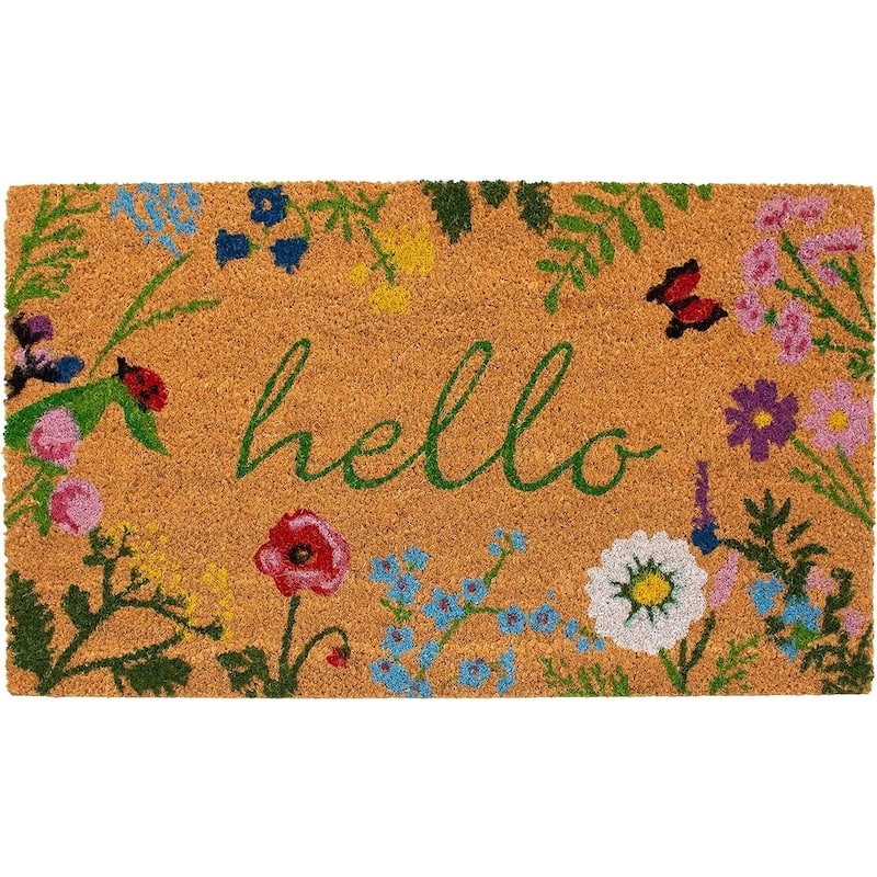 HomeRoots 17" X 29" Natural and Green Coir Floral Hello Outdoor Door Mat - 17.00' X '29.00