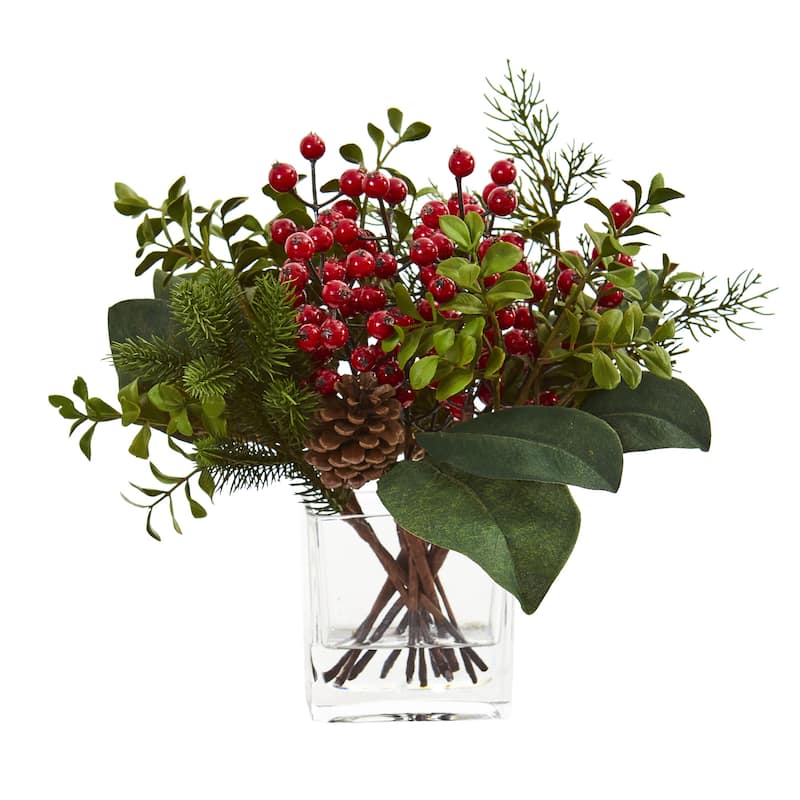 Berry, Pine and Boxwood Artificial Arrangement - 12
