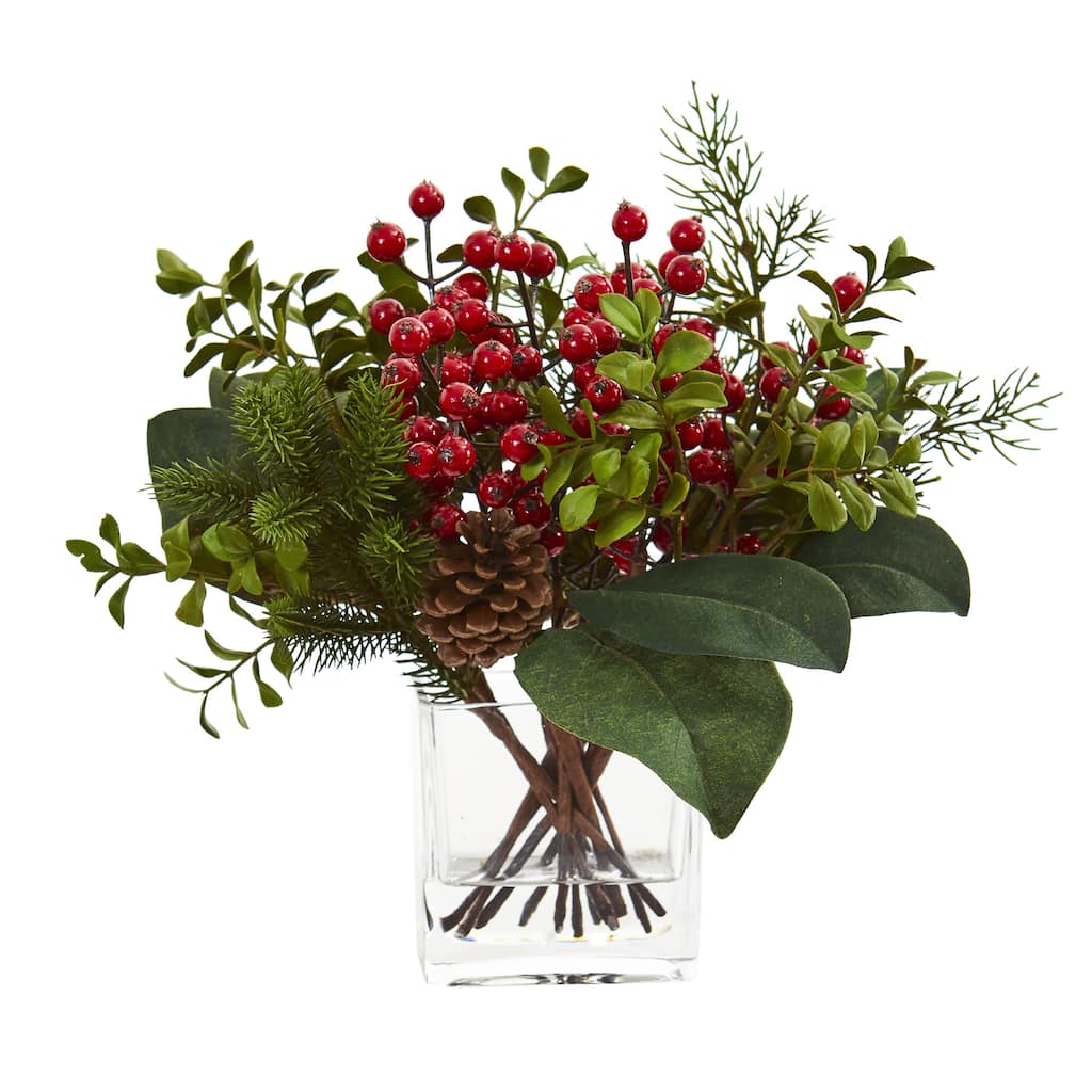 Berry, Pine and Boxwood Artificial Arrangement - 12