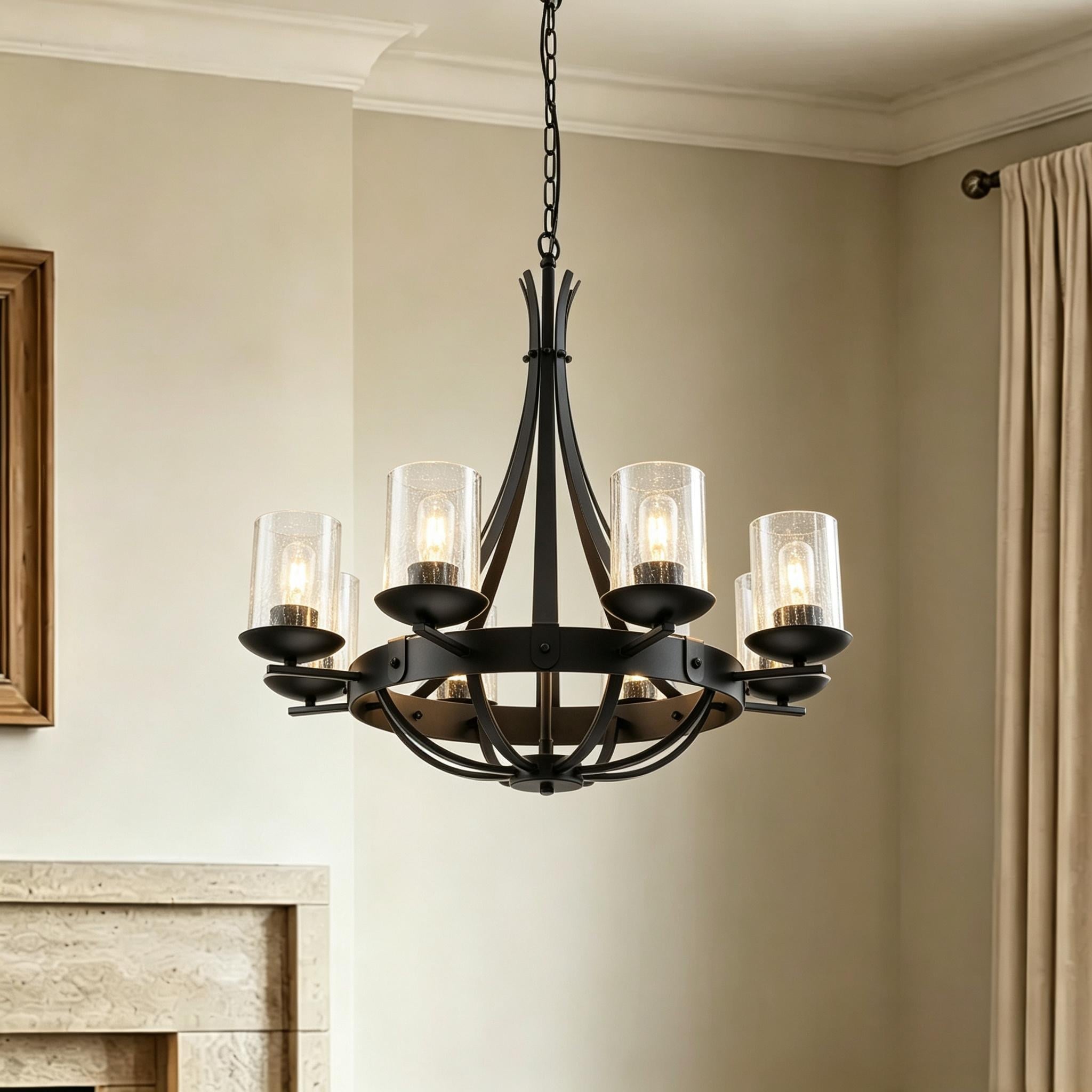 8-Light Modern Chandelier with Crackle Glass Shades and Matte Black Frame for Dining Room - 28" W x 28" H
