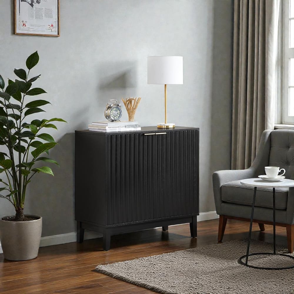 2-Door Fluted Storage Cabinet with Brass Handles, Natural Wood Accent Chest for Entryway, Dining Room or Living Room