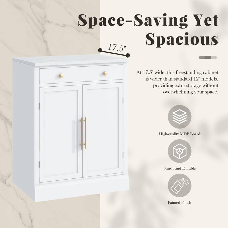 35.4" Freestanding Coffee Bar Cabinet with Drawer, 2 Adjustable Shelves, Faux Marble Countertop, White MDF Pantry