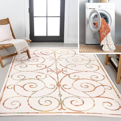 JONATHAN Y Reversible Argo Classic Cottage Filigree Scroll Machine-Washable Indoor/Outdoor Rug