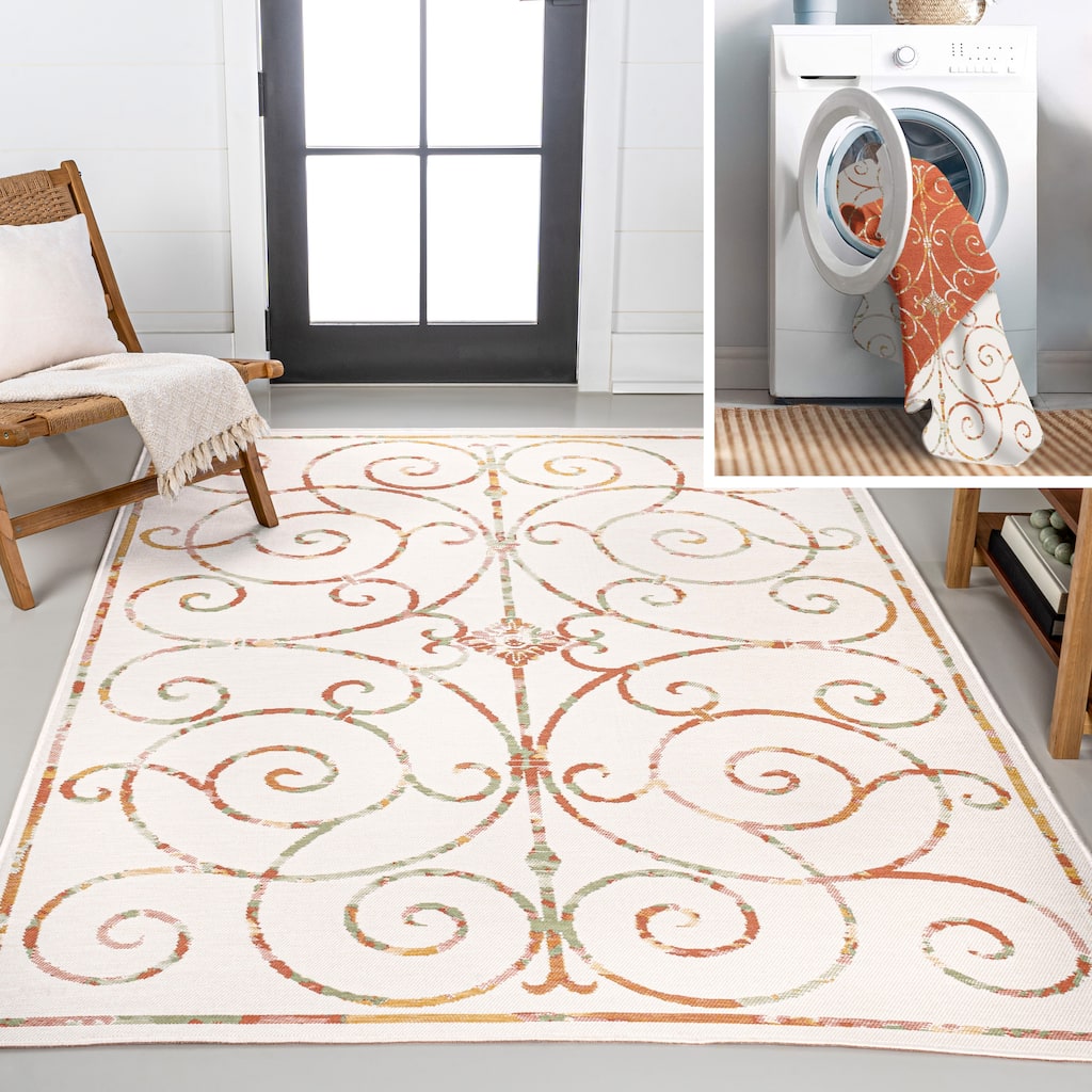 JONATHAN Y Reversible Argo Classic Cottage Filigree Scroll Machine-Washable Indoor/Outdoor Rug