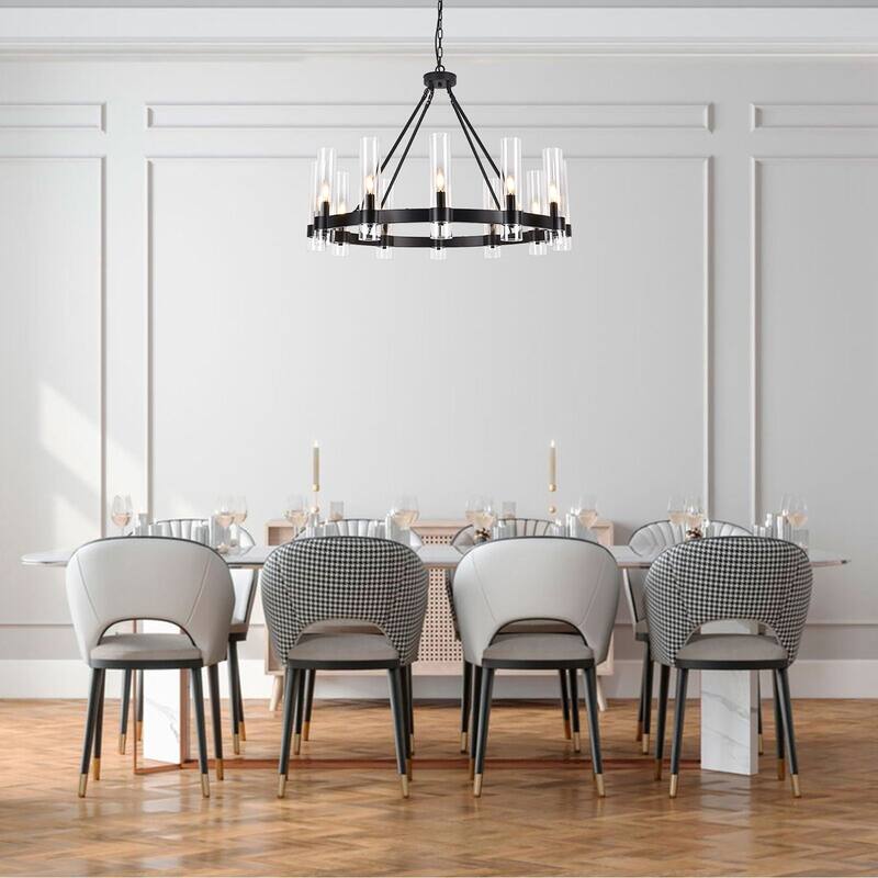 12-Light Farmhouse Wagon Wheel Chandelier - Matte Black
