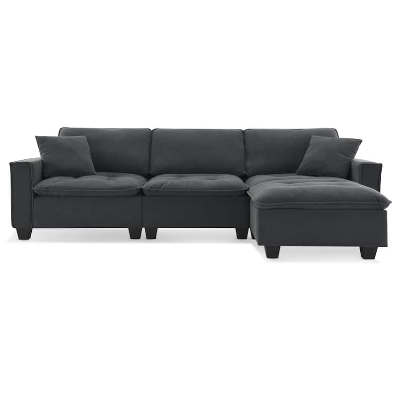 Grey 100" L-Shaped Convertible 4-Seat Sectional Sofa with Removable Ottoman and Matching Pillows, Ideal for Living Spaces