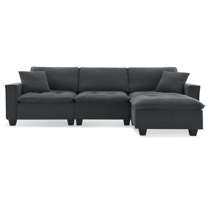 Grey 100" L-Shaped Convertible 4-Seat Sofa with Matching Pillows