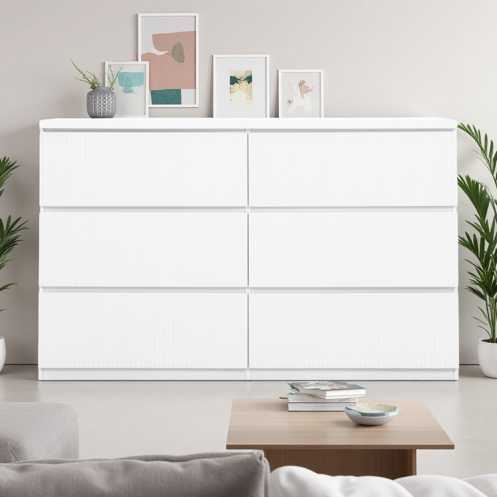 47.2" Particle Board 6-Drawer Wide Dresser with Wavy Panels and Handleless Design