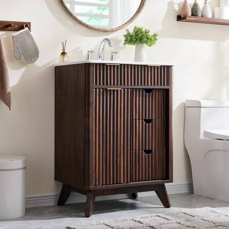 24" Fluted Bathroom Vanity with Ceramic Sink, Modern Bathroom Cabinet - Walnut