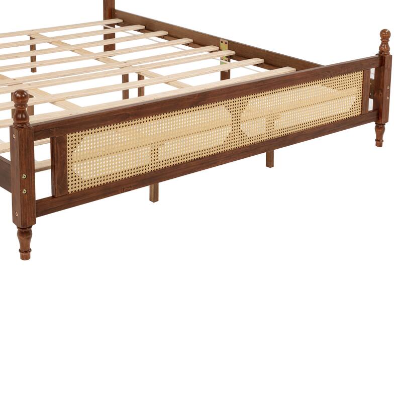 King Pine wooden Bed with Rattan Headboard and Footboard
