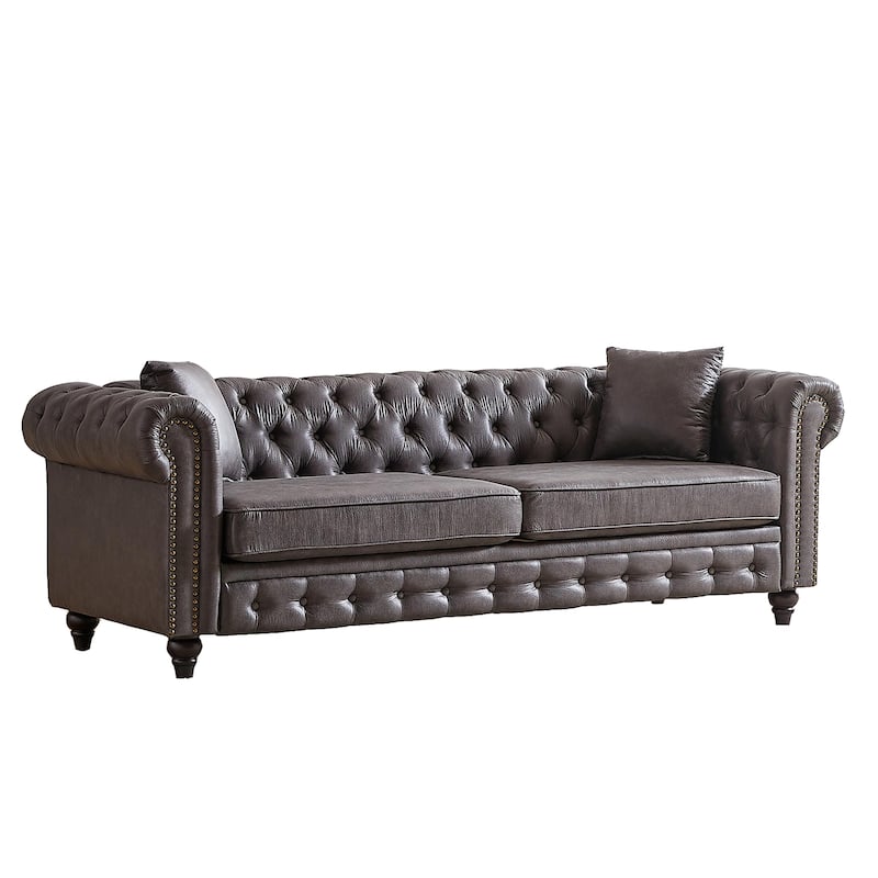 Grey 85.5" Tech Fabric 3-Seater Chesterfield Sofa with Rolled Arms, 2 Cushions