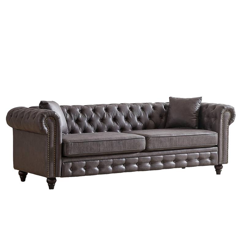 Grey 85.5" Tech Fabric 3-seater Rolled Arms Chesterfield Button Sofa with 2 Cushions for Living Room