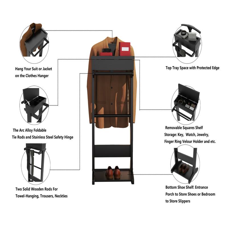 Black Portable Garment Rack,Clothes Valet Stand with Storage Organizer