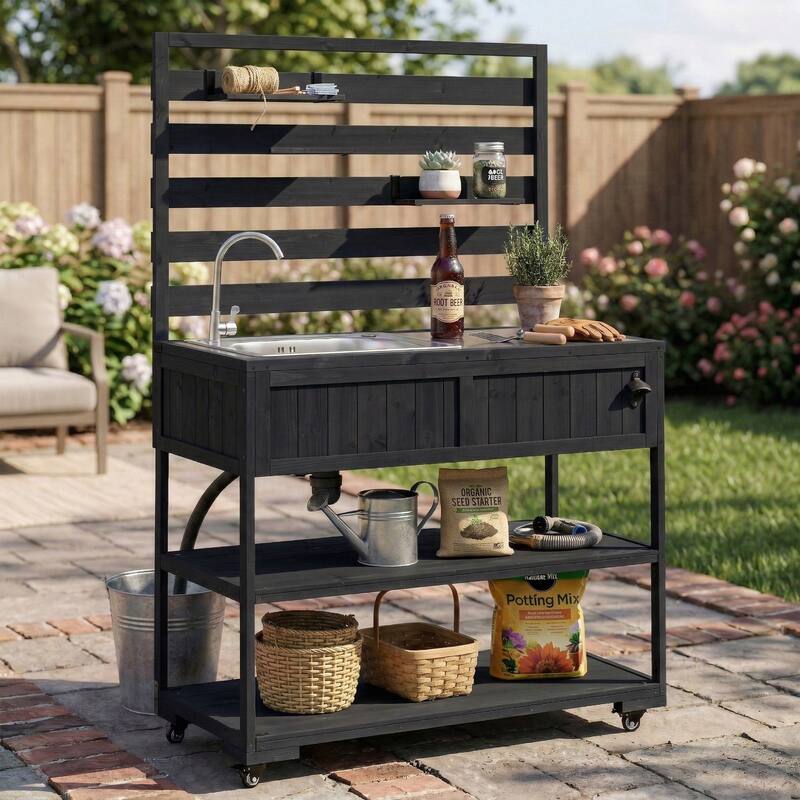 Roomfitters 41.7" Garden Potting Bench with Sink, Rolling Outdoor Potting Table, Bottle Opener, Storage Shelves, Hutch