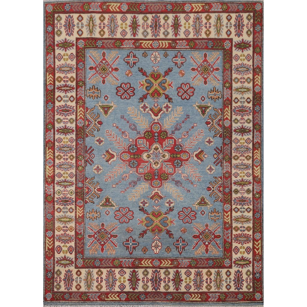 Blue Kazak Area Rug Hand-Knotted Wool Carpet - 4'10" x 6'5"