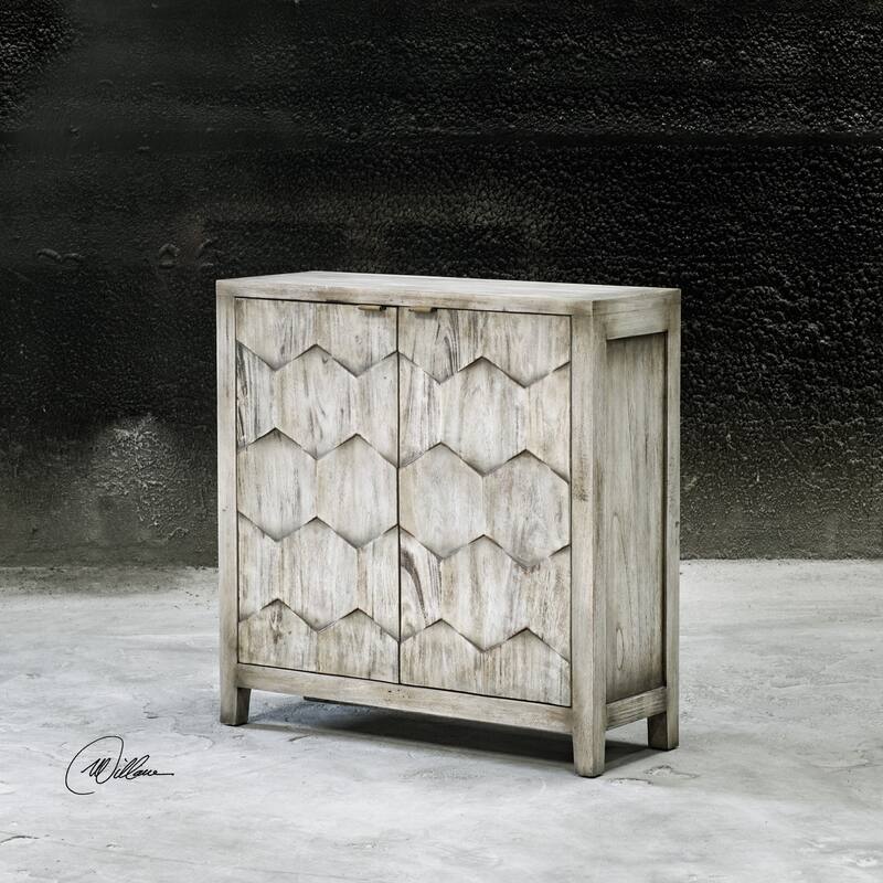 34" Catori Smoked Ivory Console Cabinet 3 Dimensional Honeycomb Design
