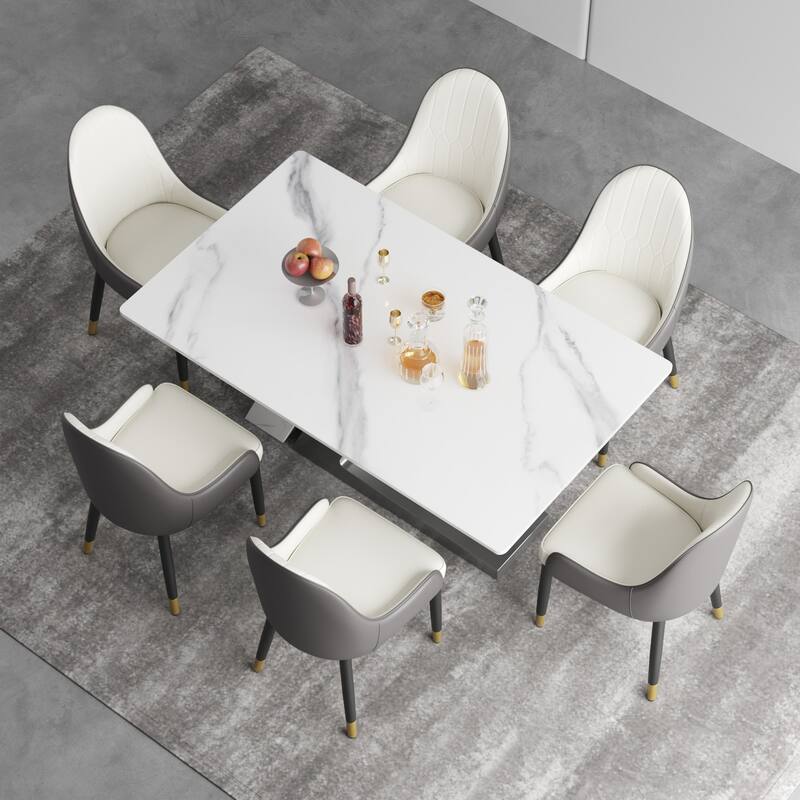 Modern Slate Kitchen Dining Table with White Rectangle Sintered Stone Top and Metal Legs -- 63''/71''/79''