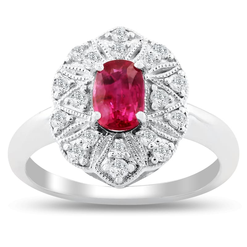 Auriya Platinum Vintage 1 1/10ct Oval-Cut Ruby and 1/3ct TDW Diamond Halo Engagement Ring