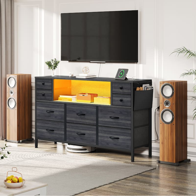 Moasis 10-drawer Dresser Media Console with Charging Station, RGB Lights, Side Pockets & Hooks