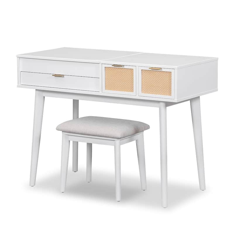 43.3" Classic Wood Makeup Vanity Set with Flip-top Mirror and Stool, Dressing Table with Three Drawers and storage space