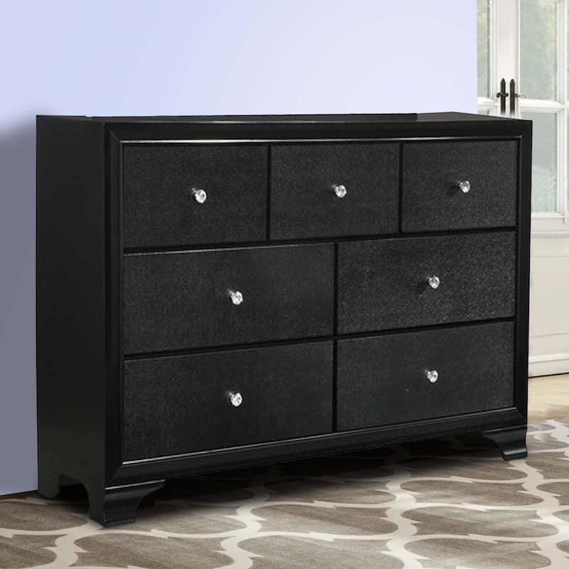 Seven Drawer Wooden Dresser with Bracket Feet and Crystal Knobs, Black