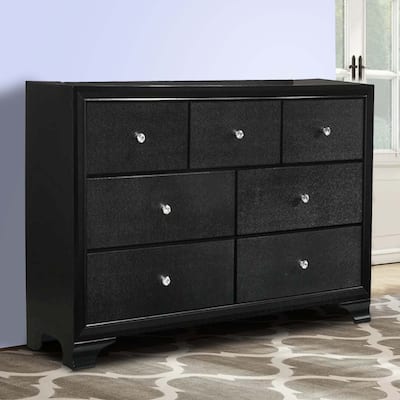 Seven Drawer Wooden Dresser with Bracket Feet and Crystal Knobs, Black