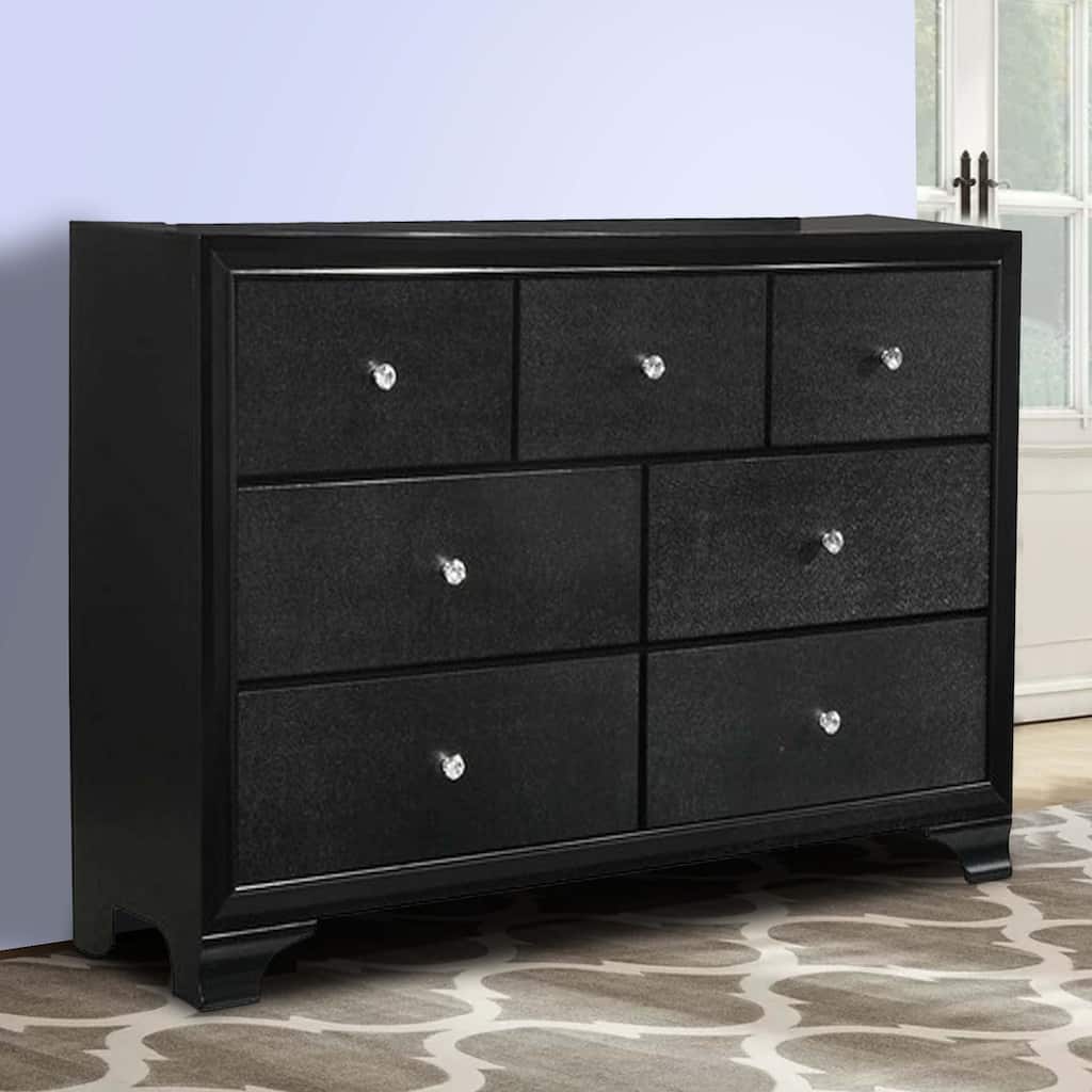 Seven Drawer Wooden Dresser with Bracket Feet and Crystal Knobs, Black
