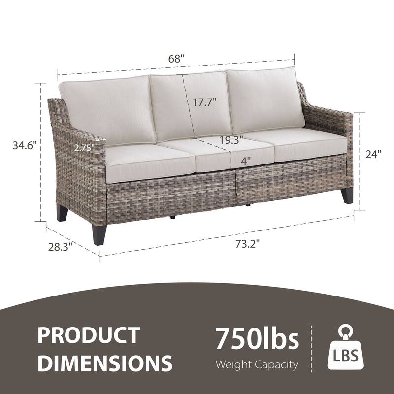 Glissia 3-Seat Handwoven Gray Wicker Patio Sofa with 4-Inch Thick Cushions