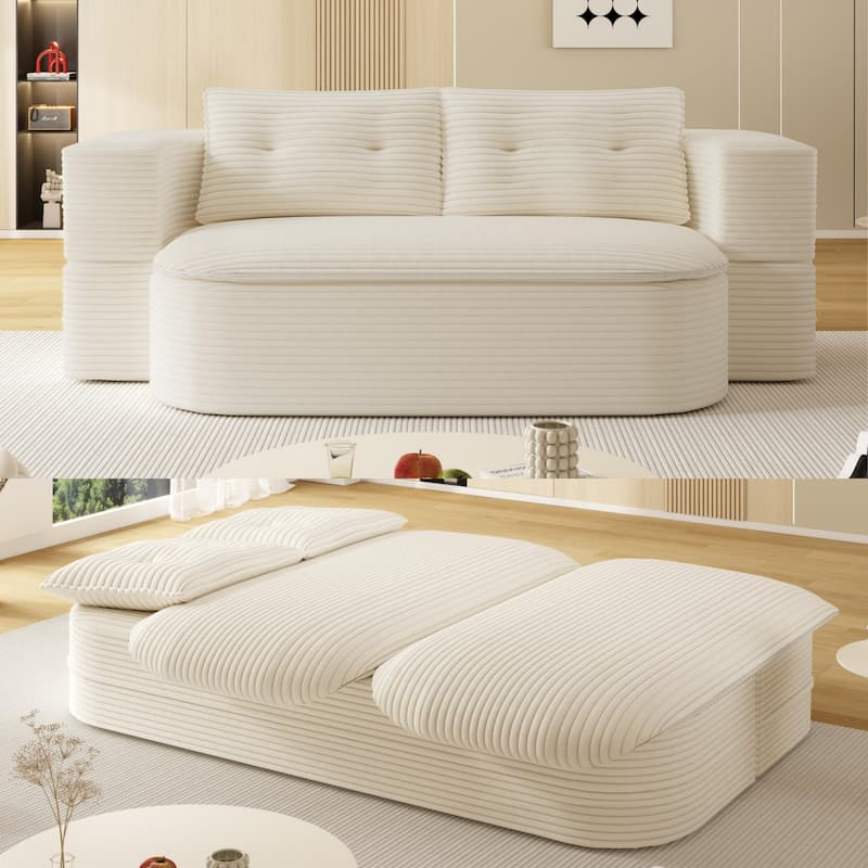 78.7" Modern Convertible Corduroy Sofa Bed with 2 Pillows, Floor Deep Seat Sleeper Couch, Foldable 2-in-1 Sofa for Living Room - Beige