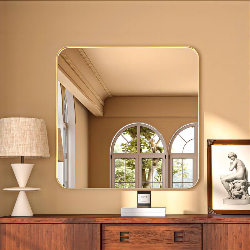 Organnice Rectangular Aluminum Framed Modern Rounded Wall Mount Mirror