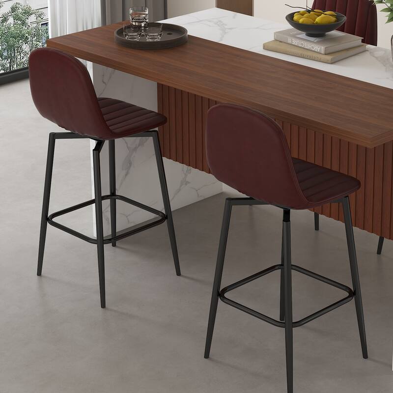 Modern Bar Stools with Swivel Mechanism, PU Padded Seats with Back Support & Metal Legs (Set of 2)