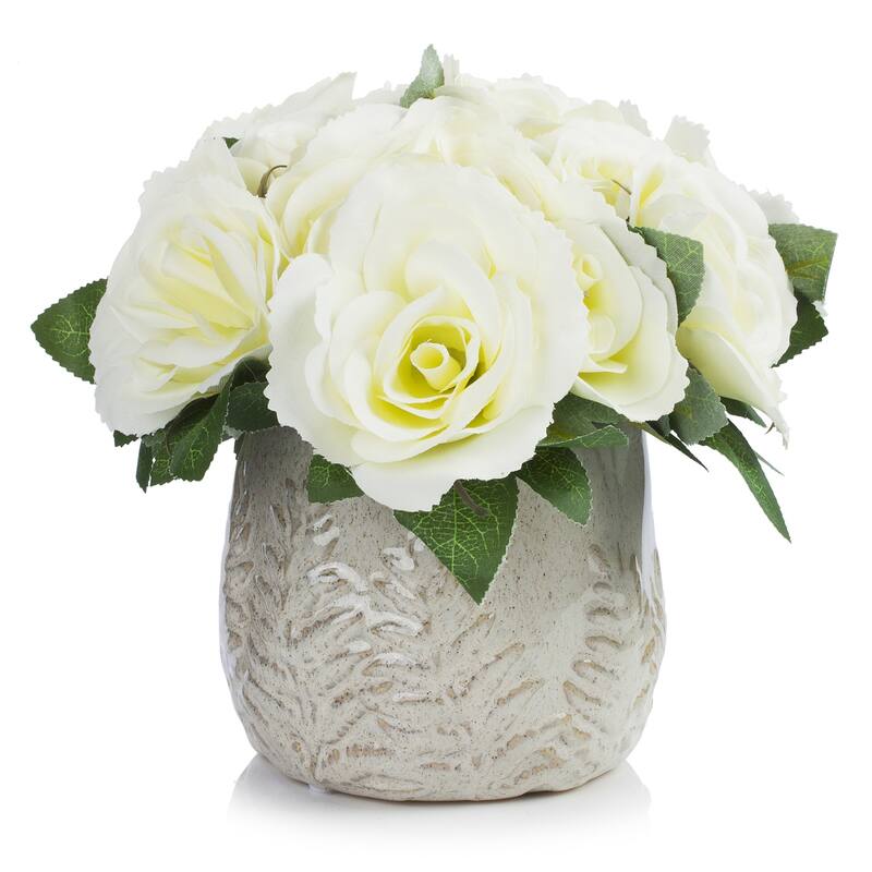 Enova Home Artificial Velvet Roses Faux Silk Flowers Arrangement in Round Tapered Ceramic Pot for Home Wedding Decoration - Cream