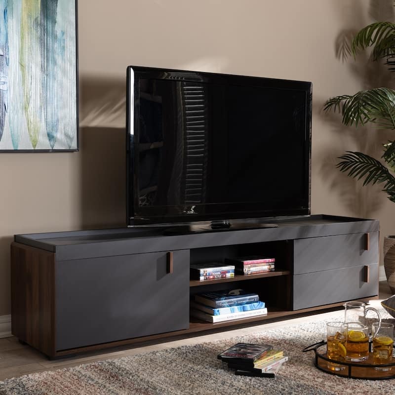 Rikke Modern and Contemporary Two-Tone Gray and Walnut Finished Wood 2-Drawer TV Stand - 17.1"H x 70.9"W x 15.7"D - Dark Grey