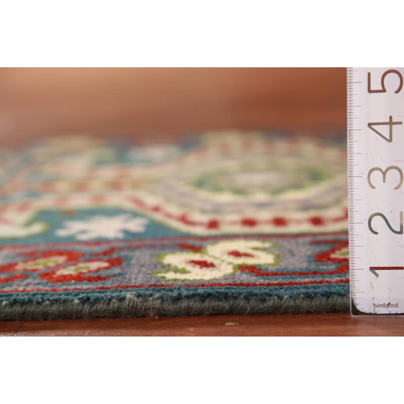Hand Knotted Oriental 100% Wool Carpet Traditional Geometric Navy Blue & Blues Kazak Runner Rug - 9' 8'' X 2' 6''