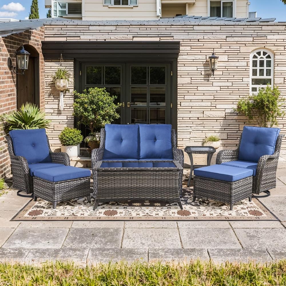 Pocassy Outdoor 7PCS 2-Seat Sofa Swivel Chairs Table Ottoman