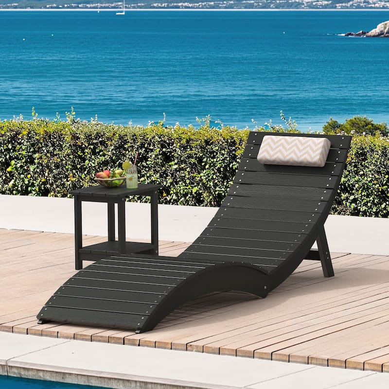 Folding HDPS Plastic Outdoor Pool Chaise Lounges Lounge Chair Outdoor with Headrest Cushions - Black/Single