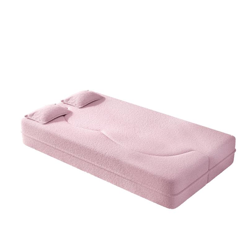 Modern Floor Sofa with 2 Pillows,Convertible Teddy Fabric Foam-Filled Sleeper Sofa Bed