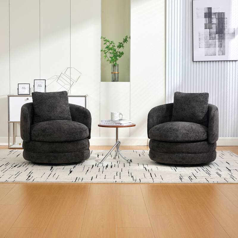 Round Swivel Barrel Chair with Pillow, Comfy Chenille Upholstered Reading Armchair, Ergonomic Single Club Sofa Chair