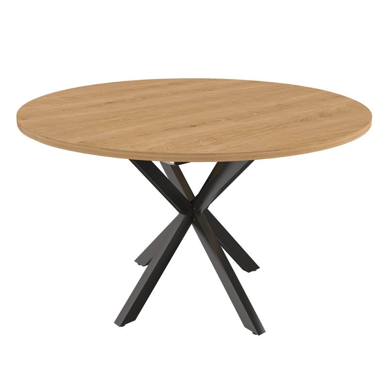 Extendable Round Dining Table for 2-6: 43" to 58" Oak Finish Expandable Table with Carbon Steel Space-Saving Base