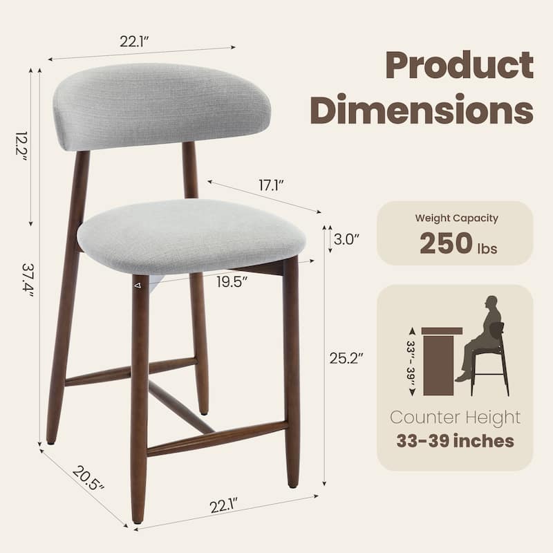 RENEWLINE Mid-Century Modern Upholstered Bar Stools with Backrest - Solid Wood Legs Counter Height Stools