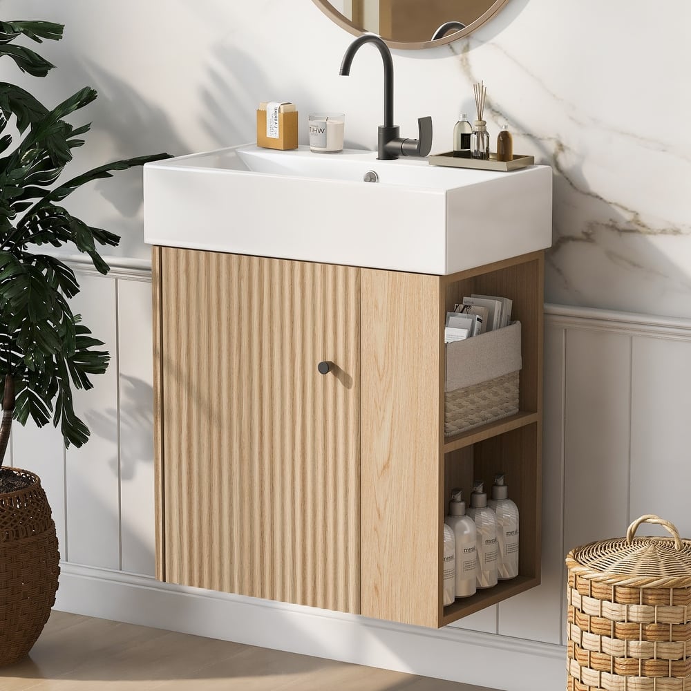Wall-Mounted Bathroom Vanity Small Space Floating Cabinet with Sink, Wave-Patterned Door, Metal Handle and Right Side Storage