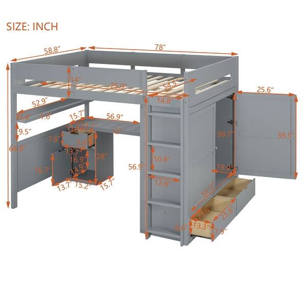 dimension image slide 0 of 2, Wooden Full Size Loft Bed with Desk, Wardrobe, Storage Shelves and Drawers, for Kids Teens Adults Bedroom, Wood Bedframe