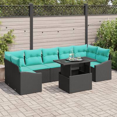 vidaXL 8 Piece Garden Sofa Set with Cushions Black Poly Rattan - 113.8×48.6×27.2
