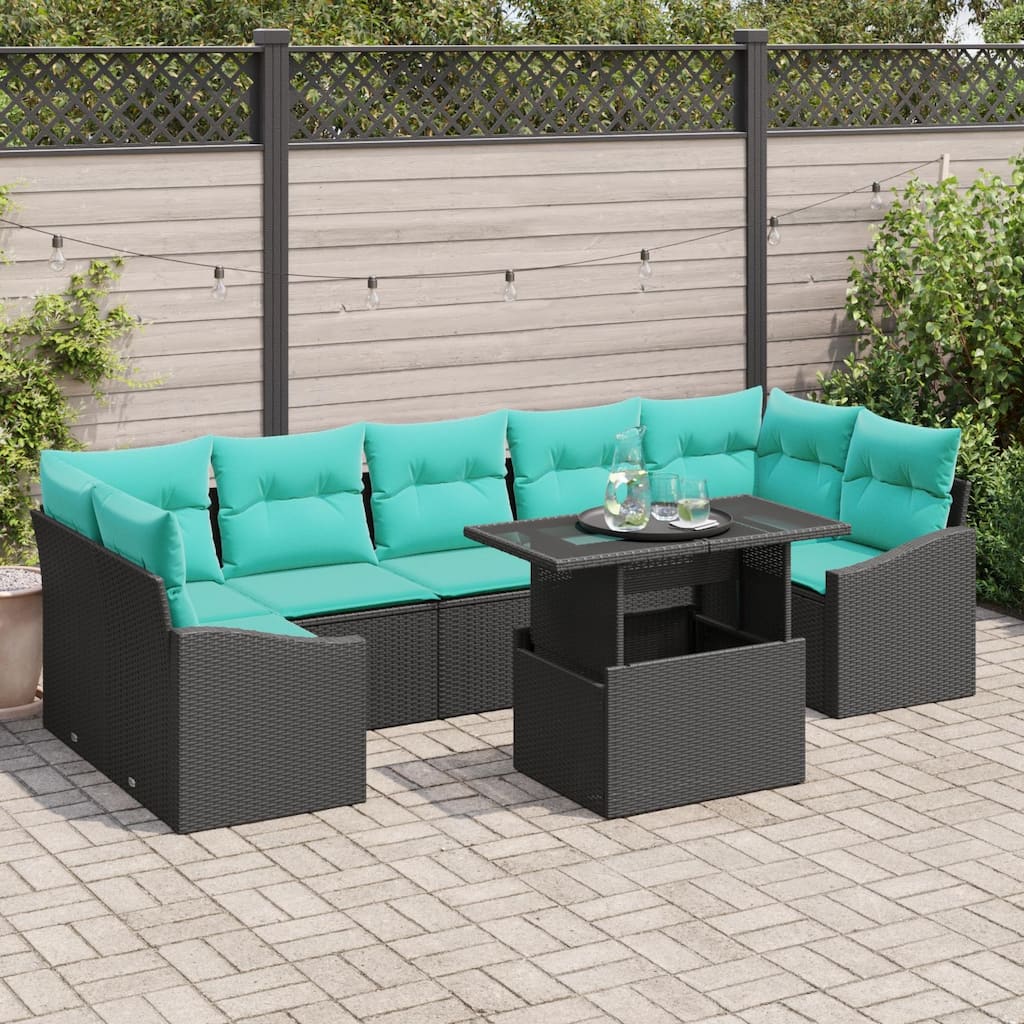 vidaXL 8 Piece Garden Sofa Set with Cushions Black Poly Rattan - 113.8×48.6×27.2