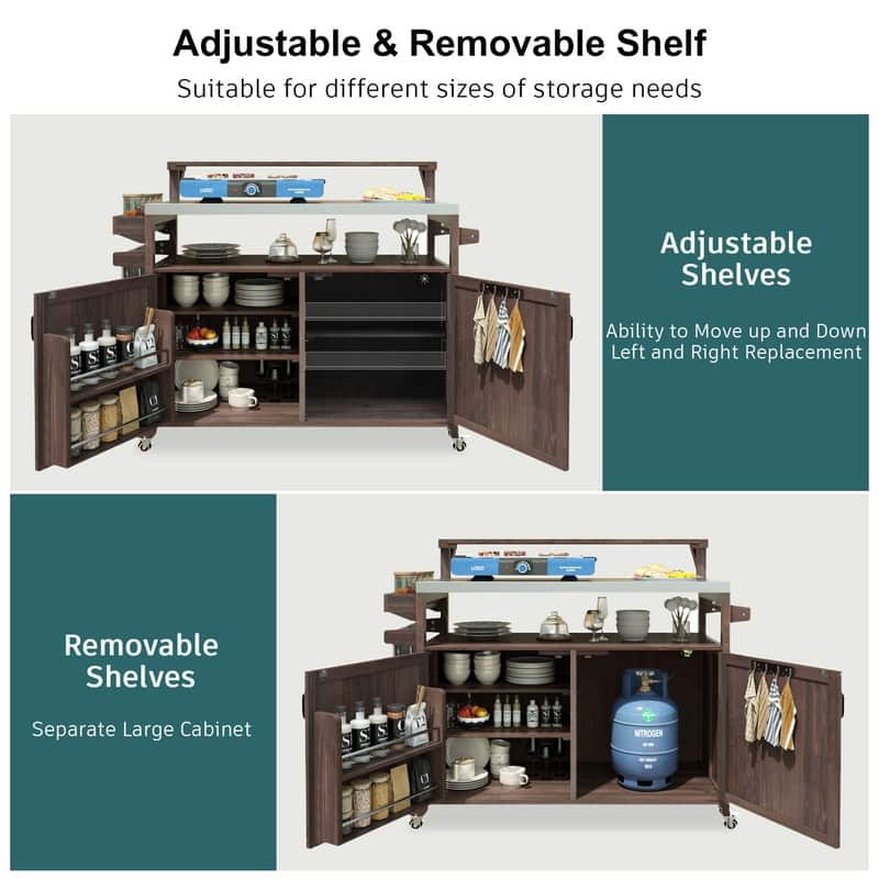 Outdoor Kitchen Island, Solid Wood Storage Cabinet with Stainless Steel Top and Lockable Wheels