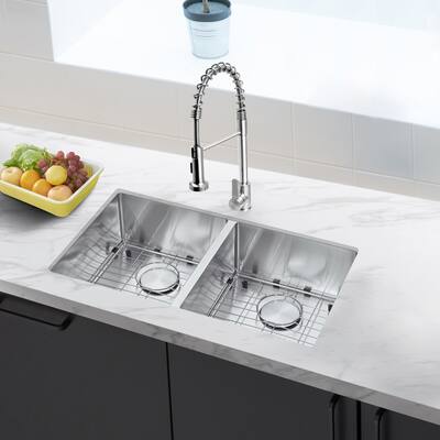 32" Undermount 50/50 Double Bowl Kitchen Sink and Pull-down Faucet Combo with Drain Strainer, Protective Bottom Grid, All in One