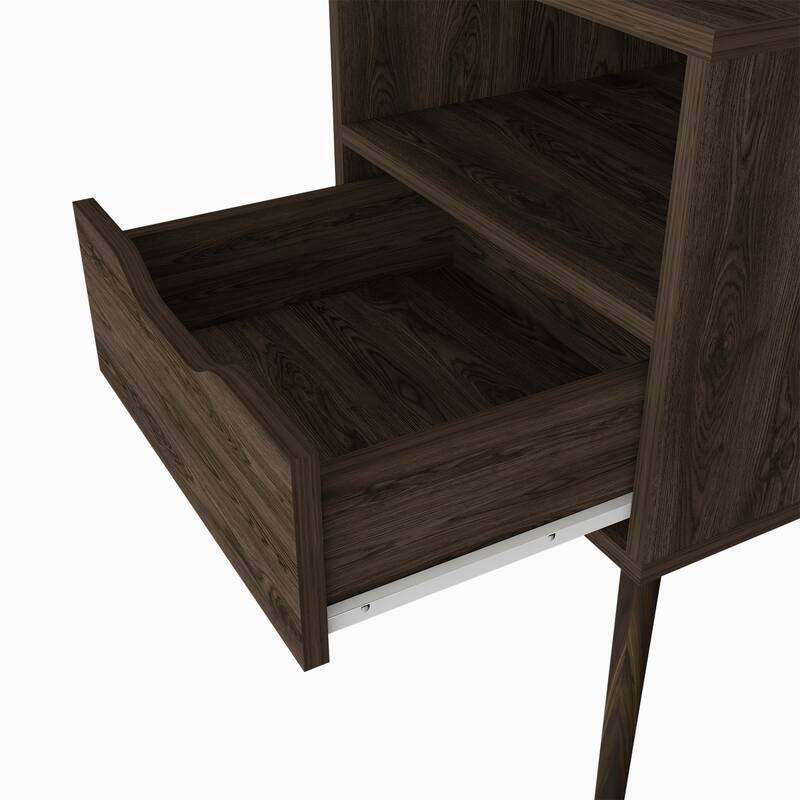 Dark Walnut Nightstand with Open Shelf, Drawer, and Four Legs