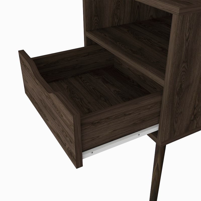 Nightstand 25"H, Superior Top, Four Legs, One Open Shelf, One Drawer, Dark Walnut